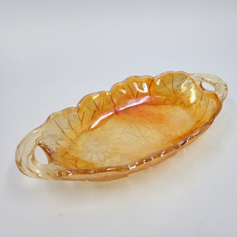 VTG Indiana Glass Orange Iridescent Carnival Glass Oval Relish Dish Lily Pons